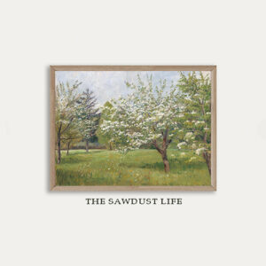 Vintage Art Spring Time with White Blossom Tree